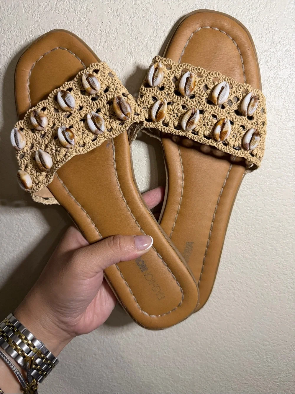 Fashion Nova Tan Crochet Slide Sandals with Shell Accents